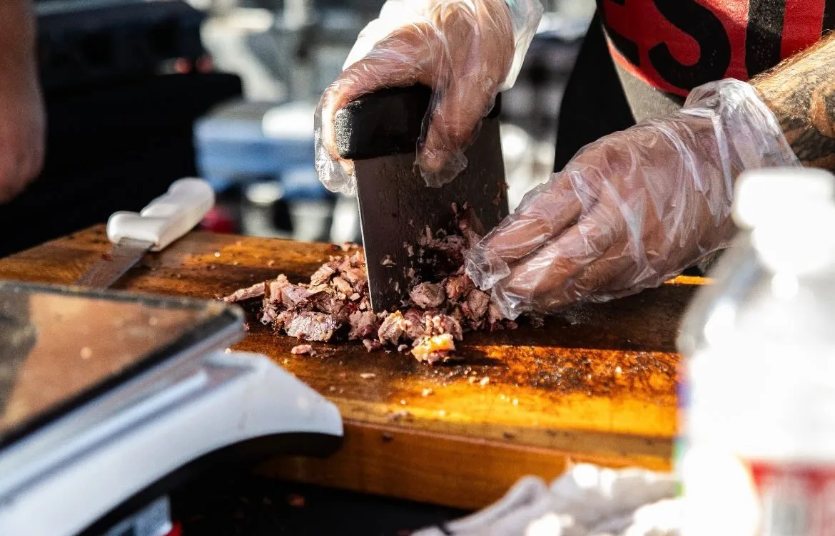 Brisket chopped on the board during Texas House Race Weekend at Stubb's